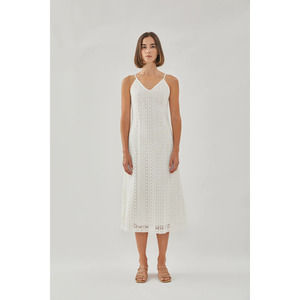 V Neck Crochet Slip Dress Sleeveless Midi Length Mermaid Hem White S